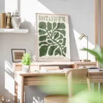 affiche botanicum avec des feuilles organiques vert fonce sur fond beige et text bureau.webp