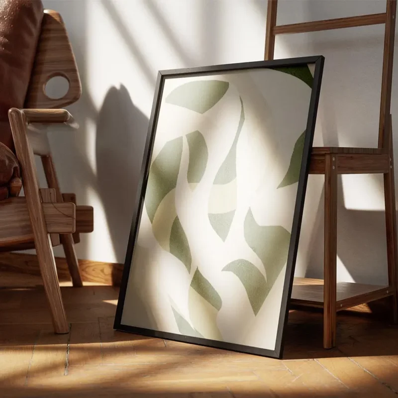 affiche botanique abstraite aux formes organiques vertes et beiges effet texture encadre.webp