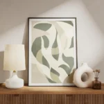 affiche botanique abstraite aux formes organiques vertes et beiges effet texture meuble.webp