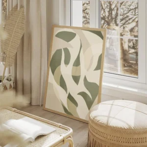 affiche botanique abstraite aux formes organiques vertes et beiges effet texture salon beige.webp