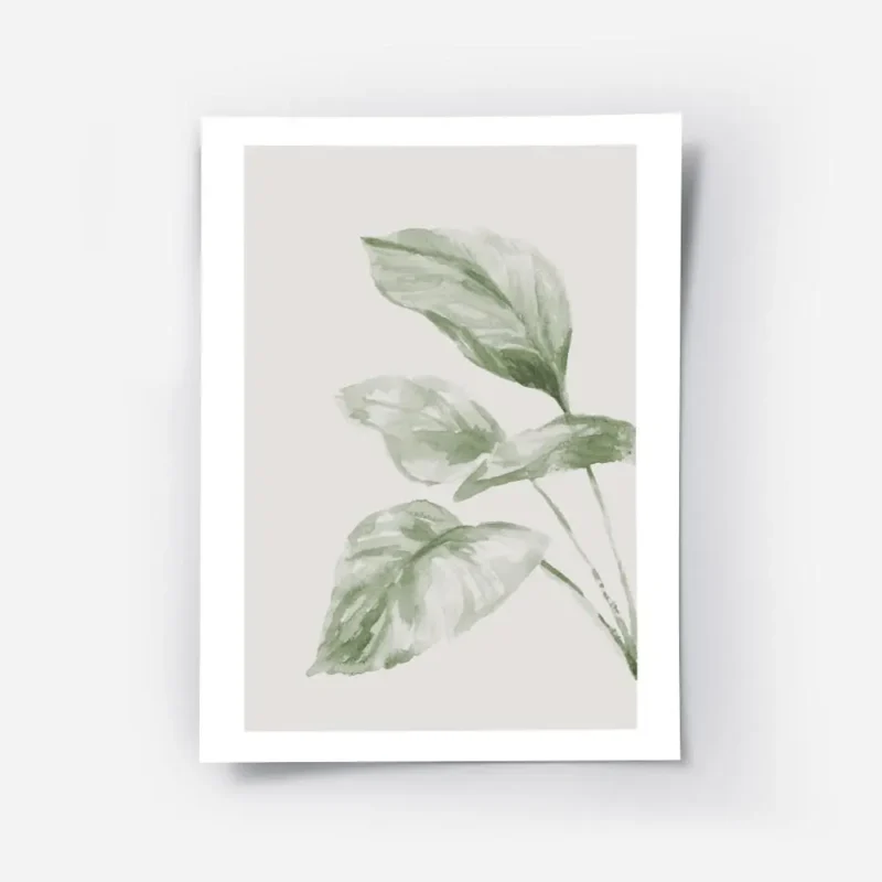 affiche botanique aquarelle de grandes feuilles vertes sur fond beige clair.webp