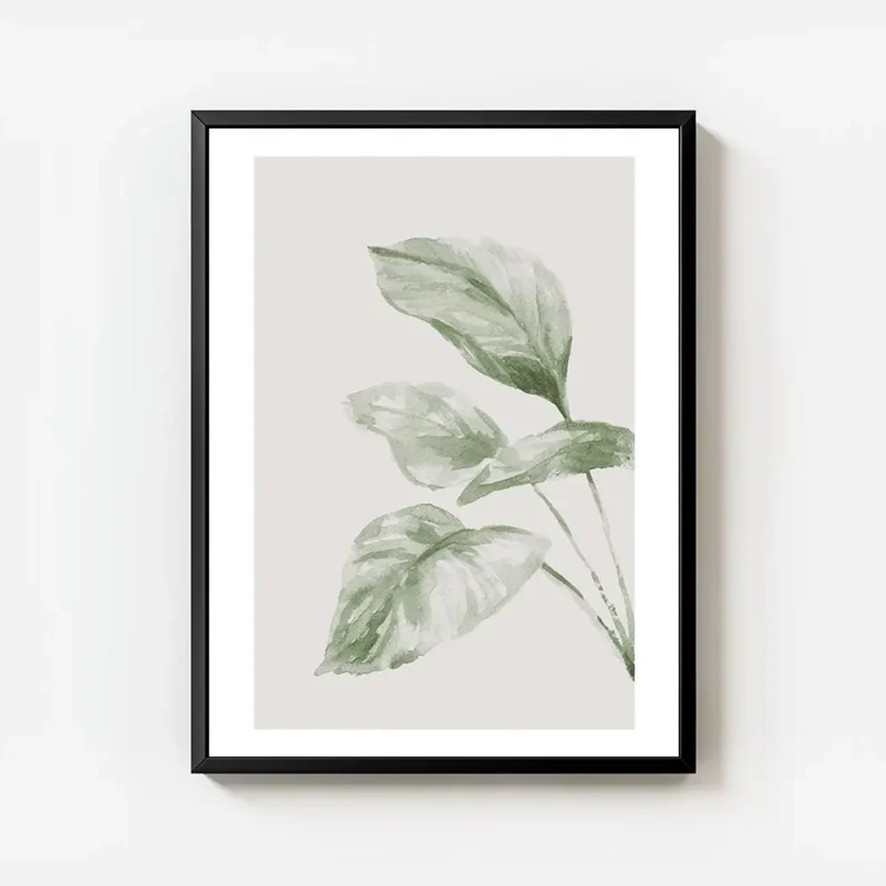 affiche botanique aquarelle de grandes feuilles vertes sur fond beige clair avec cadre.webp
