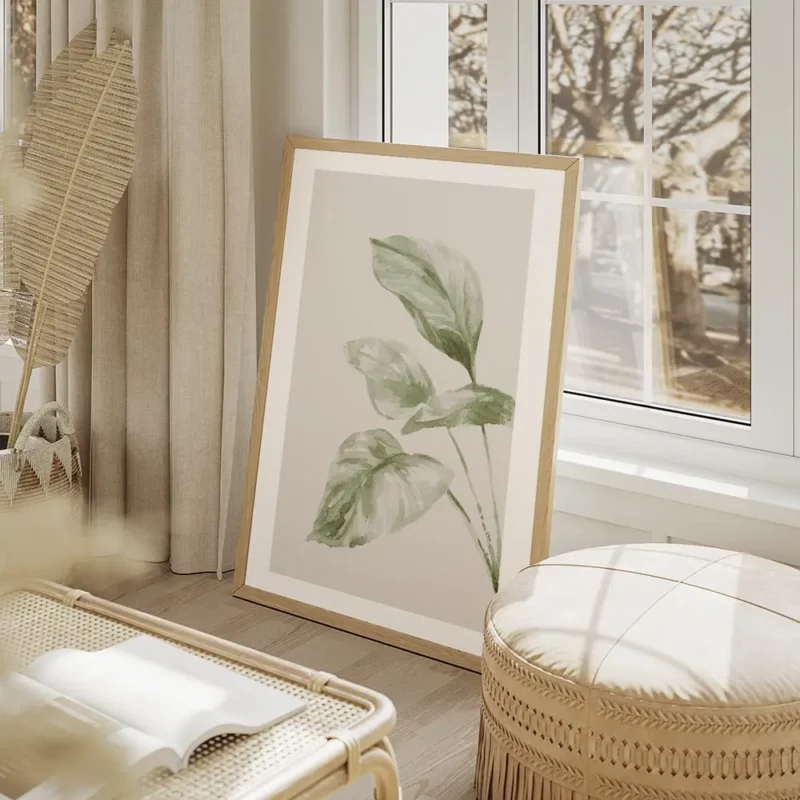 affiche botanique aquarelle de grandes feuilles vertes sur fond beige clair salon beige.webp