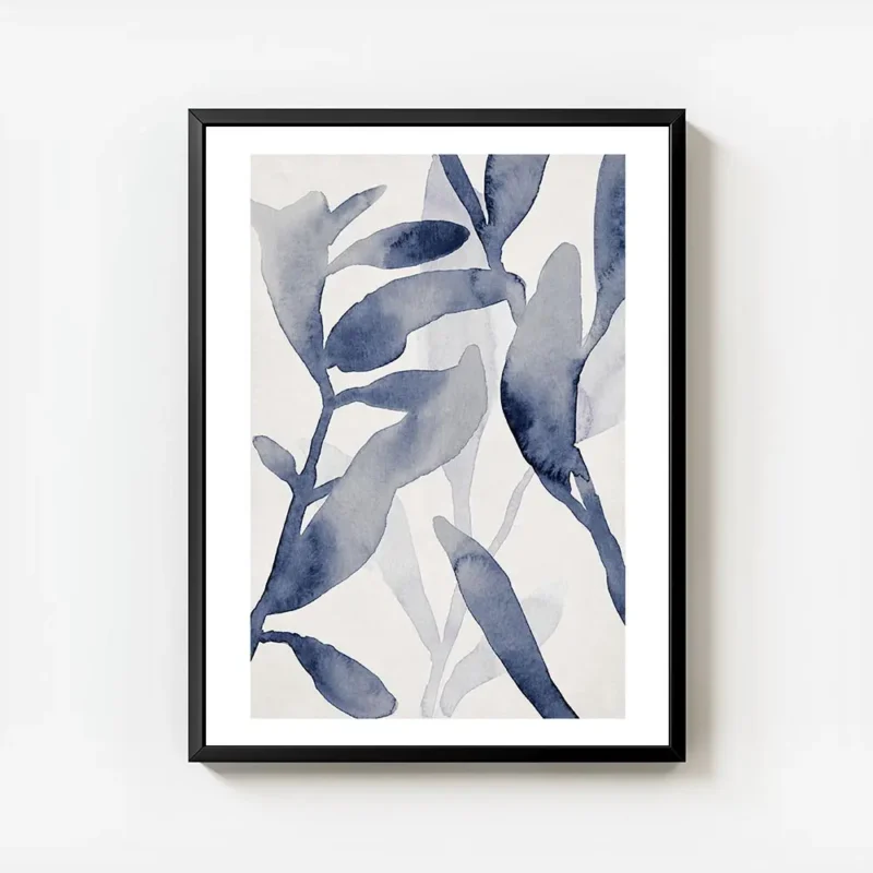 affiche botanique avec des feuilles de plantes bleues peintes a laquarelle sur f avec cadre.webp