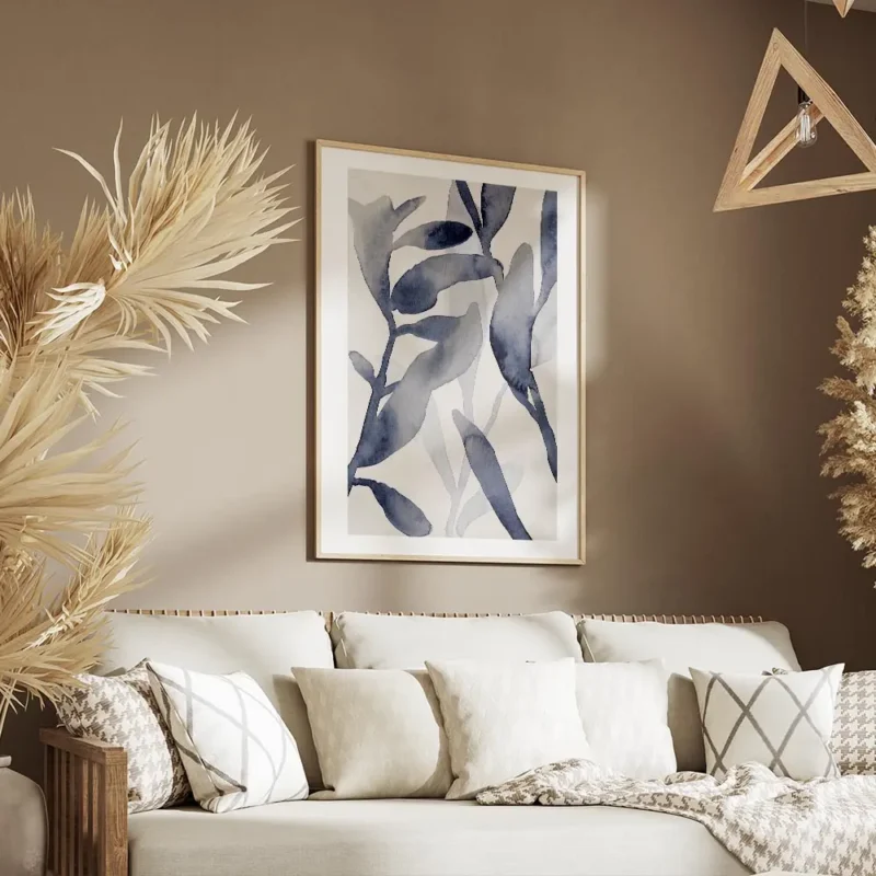 affiche botanique avec des feuilles de plantes bleues peintes a laquarelle sur f salon.webp