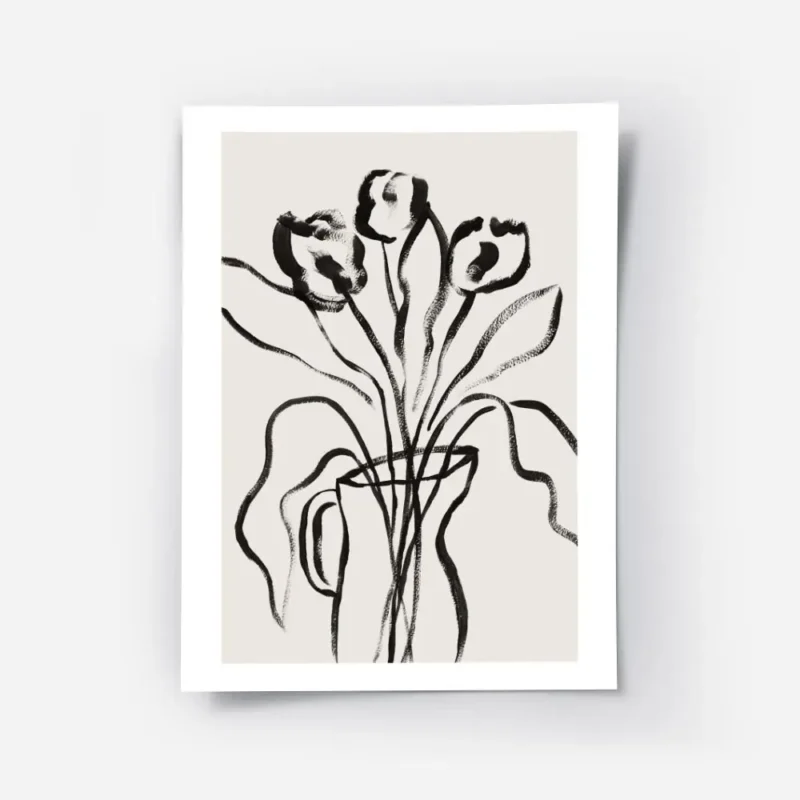 affiche botanique avec des fleurs noires et des feuilles dans un vase noir sur f.webp