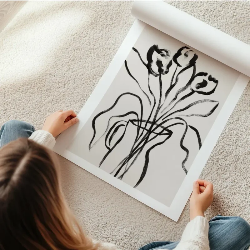affiche botanique avec des fleurs noires et des feuilles dans un vase noir sur f en rouleau.webp