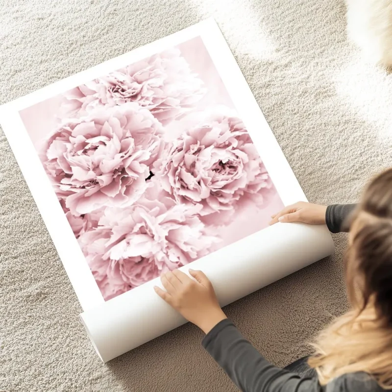 affiche botanique avec des fleurs roses en pleine floraison creant un motif deli au sol.webp