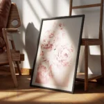 affiche botanique avec des fleurs roses en pleine floraison creant un motif deli encadre.webp