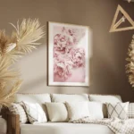 affiche botanique avec des fleurs roses en pleine floraison creant un motif deli salon.webp