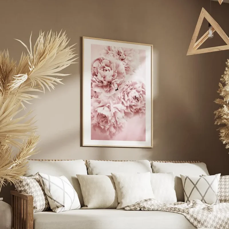 affiche botanique avec des fleurs roses en pleine floraison creant un motif deli salon.webp