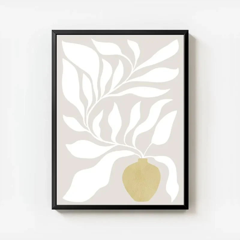 affiche botanique avec feuilles blanches stylisees sortant dun vase jaune sable avec cadre.webp