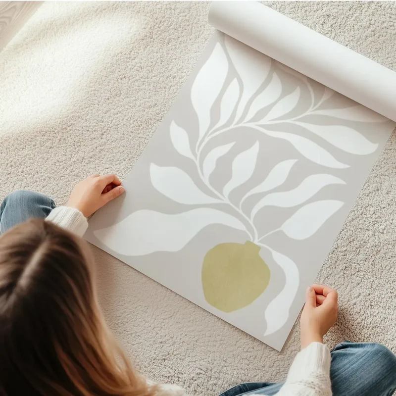 affiche botanique avec feuilles blanches stylisees sortant dun vase jaune sable en rouleau.webp