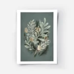 affiche botanique avec feuilles vertes aiguilles de sapin et pommes de pin doree.webp