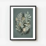 affiche botanique avec feuilles vertes aiguilles de sapin et pommes de pin doree avec cadre.webp
