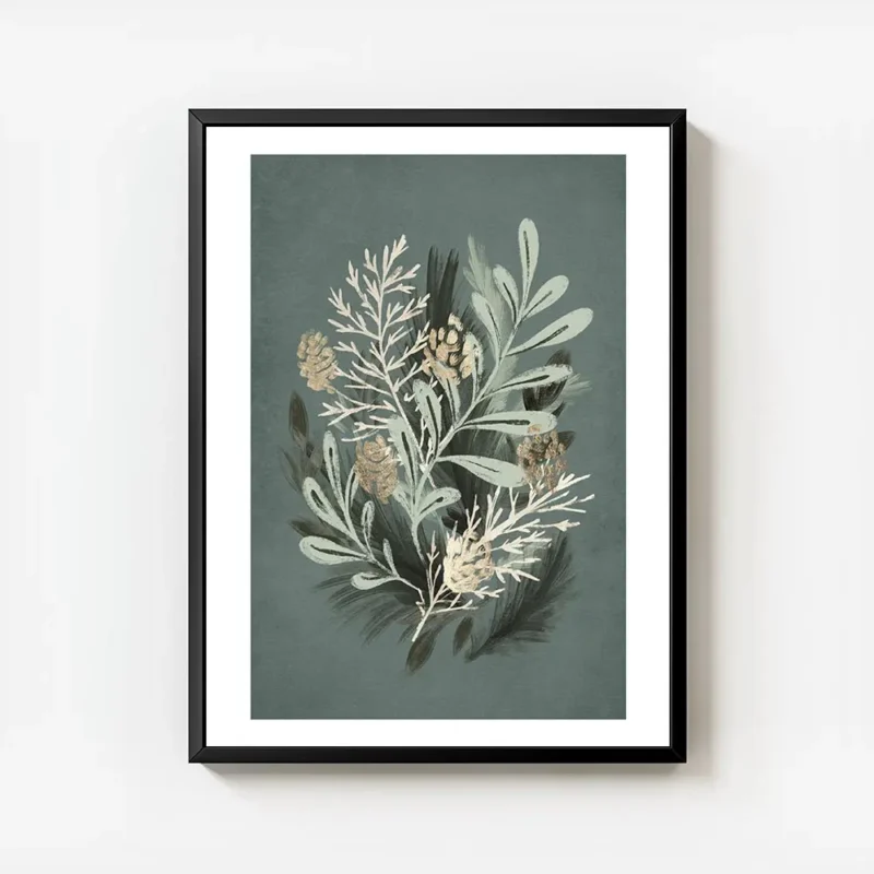 affiche botanique avec feuilles vertes aiguilles de sapin et pommes de pin doree avec cadre.webp