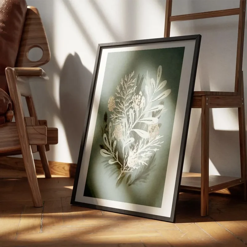affiche botanique avec feuilles vertes aiguilles de sapin et pommes de pin doree encadre.webp