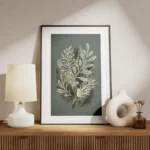 affiche botanique avec feuilles vertes aiguilles de sapin et pommes de pin doree meuble.webp