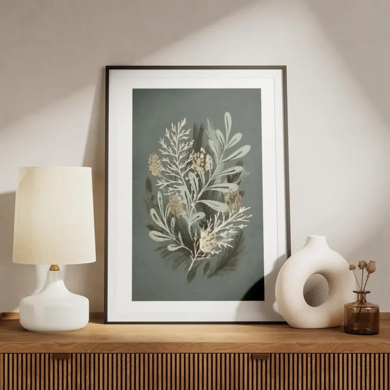 affiche botanique avec feuilles vertes aiguilles de sapin et pommes de pin doree meuble.webp