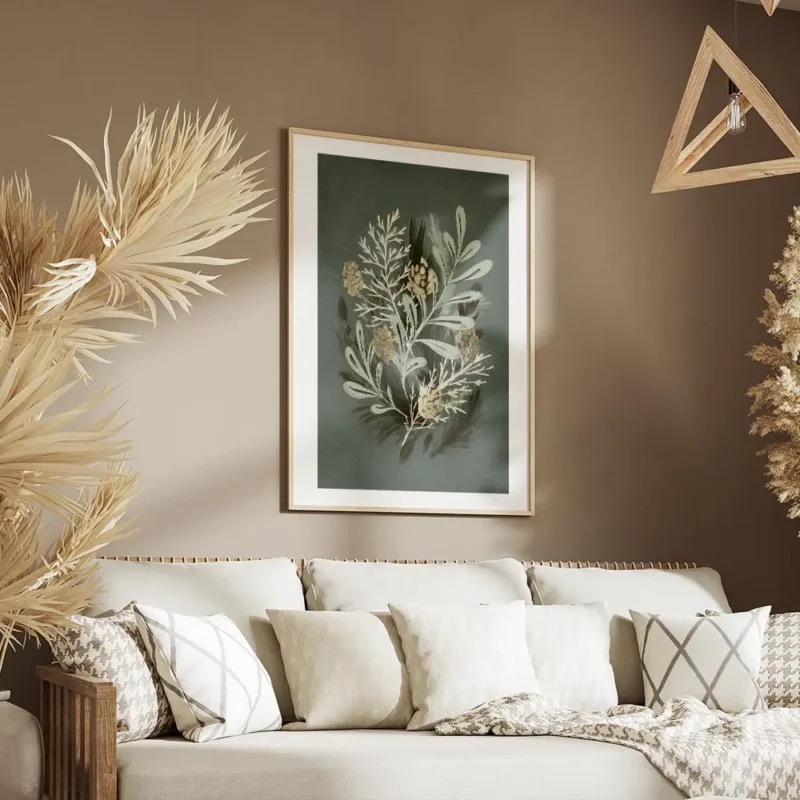 affiche botanique avec feuilles vertes aiguilles de sapin et pommes de pin doree salon.webp