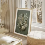 affiche botanique avec feuilles vertes aiguilles de sapin et pommes de pin doree salon beige.webp