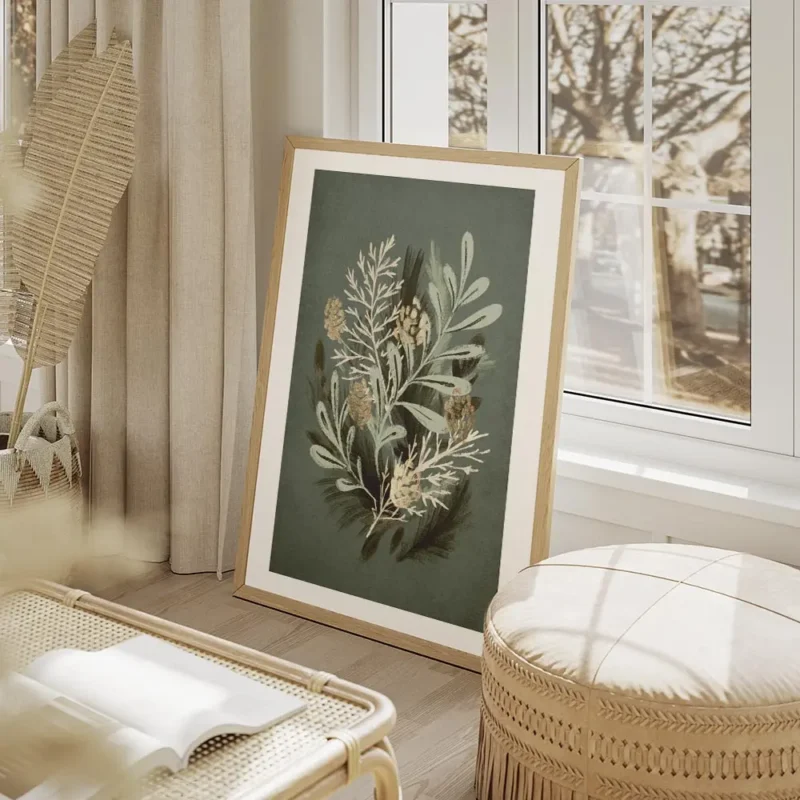 affiche botanique avec feuilles vertes aiguilles de sapin et pommes de pin doree salon beige.webp