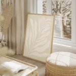 affiche botanique avec illustration dune plante blanche et de feuilles sur fond salon beige.webp