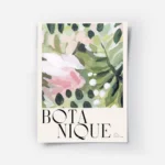 affiche botanique avec illustration peinte de fleurs abstraites roses et feuille.webp