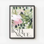 affiche botanique avec illustration peinte de fleurs abstraites roses et feuille avec cadre.webp