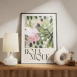 affiche botanique avec illustration peinte de fleurs abstraites roses et feuille meuble.webp