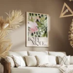 affiche botanique avec illustration peinte de fleurs abstraites roses et feuille salon.webp