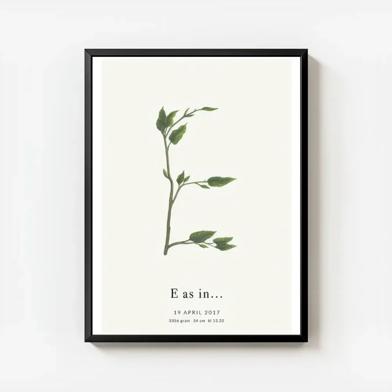 affiche botanique avec la lettre e formee par des branches et feuilles vertes ty avec cadre.webp