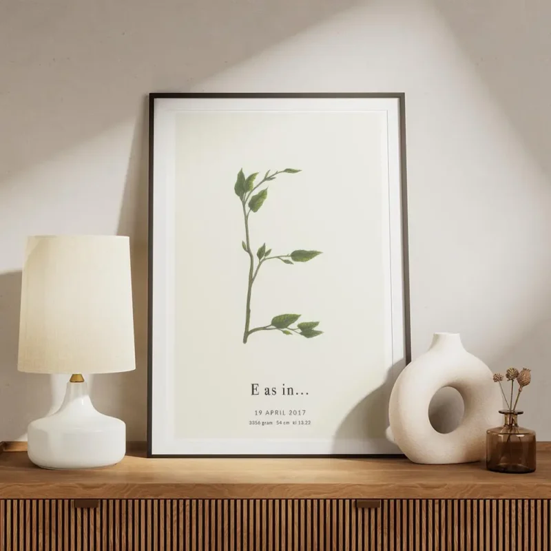 affiche botanique avec la lettre e formee par des branches et feuilles vertes ty meuble.webp