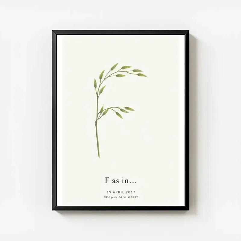affiche botanique avec la lettre f formee par une plante et du texte personnalis avec cadre.webp
