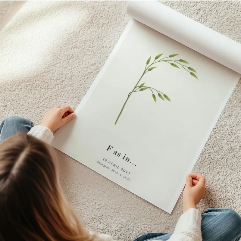 affiche botanique avec la lettre f formee par une plante et du texte personnalis en rouleau.webp
