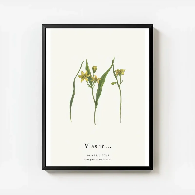 affiche botanique avec la lettre m formee de feuilles vertes et de fleurs jaunes avec cadre.webp