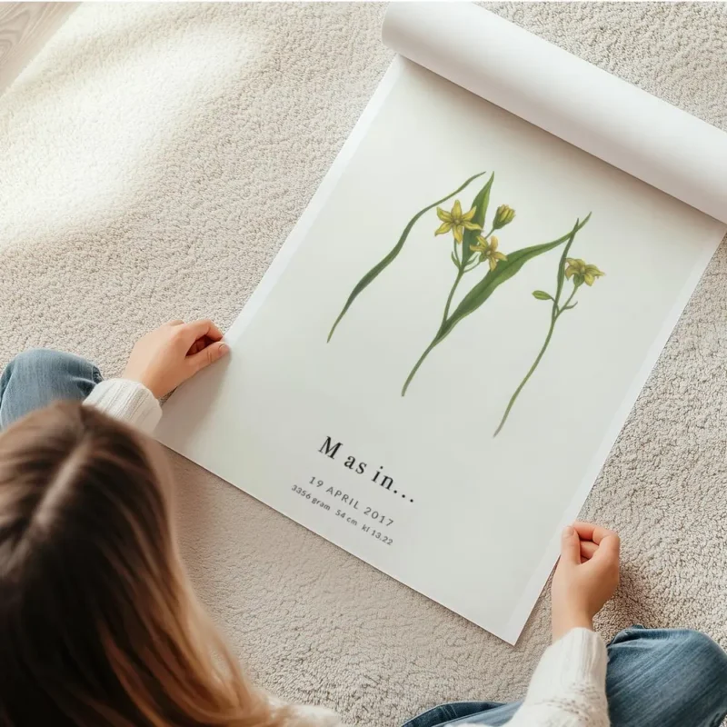 affiche botanique avec la lettre m formee de feuilles vertes et de fleurs jaunes en rouleau.webp