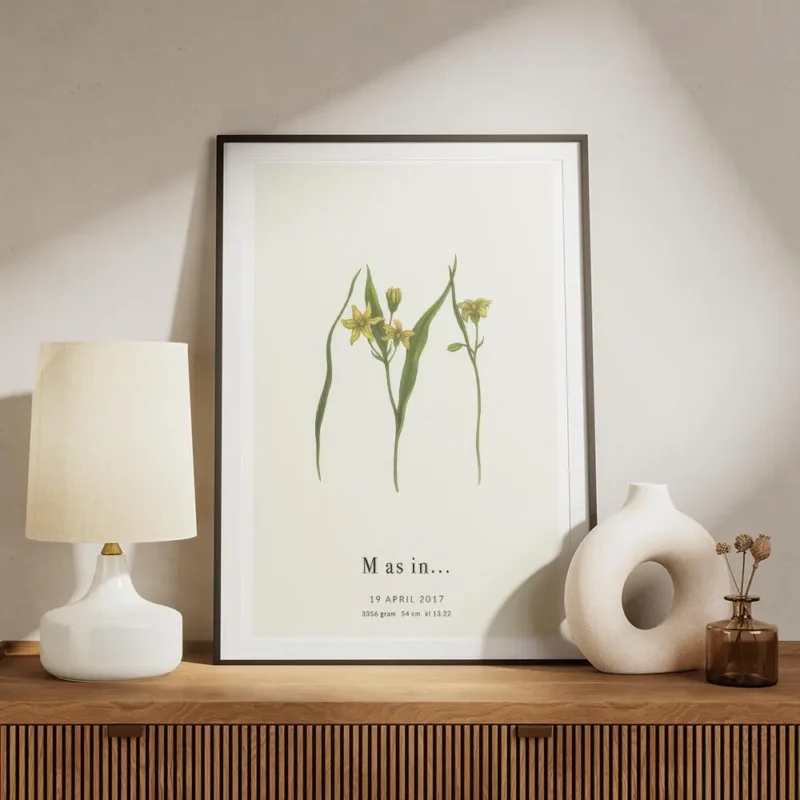 affiche botanique avec la lettre m formee de feuilles vertes et de fleurs jaunes meuble.webp