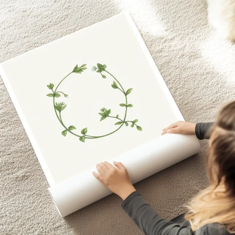 affiche botanique avec la lettre q formee de feuilles vertes et de fleurs blanch au sol.webp
