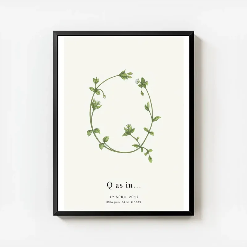 affiche botanique avec la lettre q formee de feuilles vertes et de fleurs blanch avec cadre.webp
