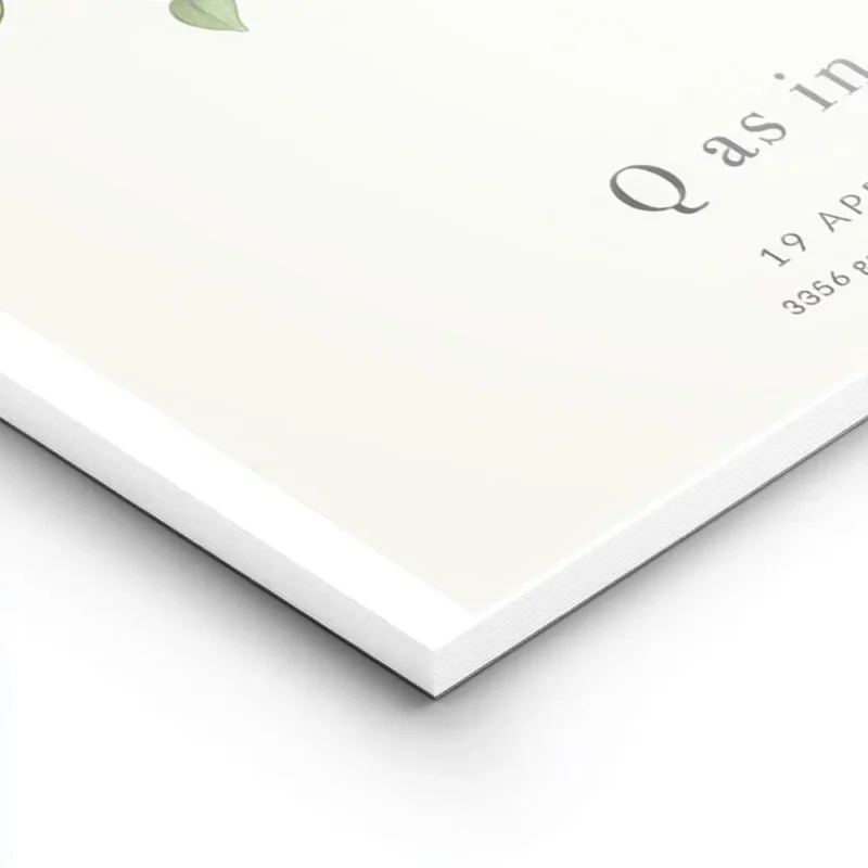 affiche botanique avec la lettre q formee de feuilles vertes et de fleurs blanch lightpanel.webp