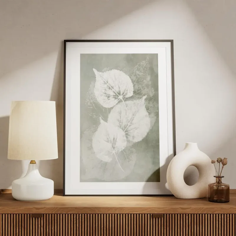 affiche botanique avec trois feuilles blanches aux details textures sur un fond meuble.webp