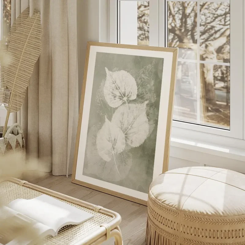 affiche botanique avec trois feuilles blanches aux details textures sur un fond salon beige.webp