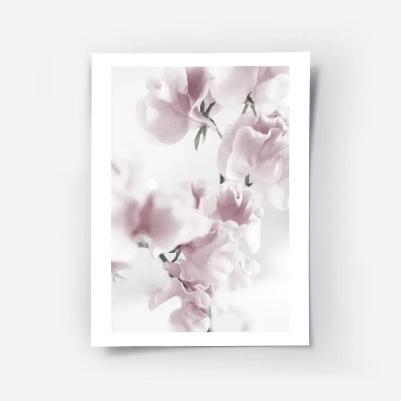 affiche botanique avec une composition de fleurs roses pastel aux petales delica.webp