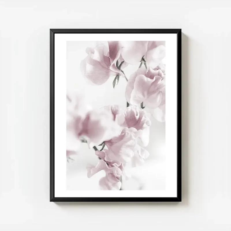 affiche botanique avec une composition de fleurs roses pastel aux petales delica avec cadre.webp