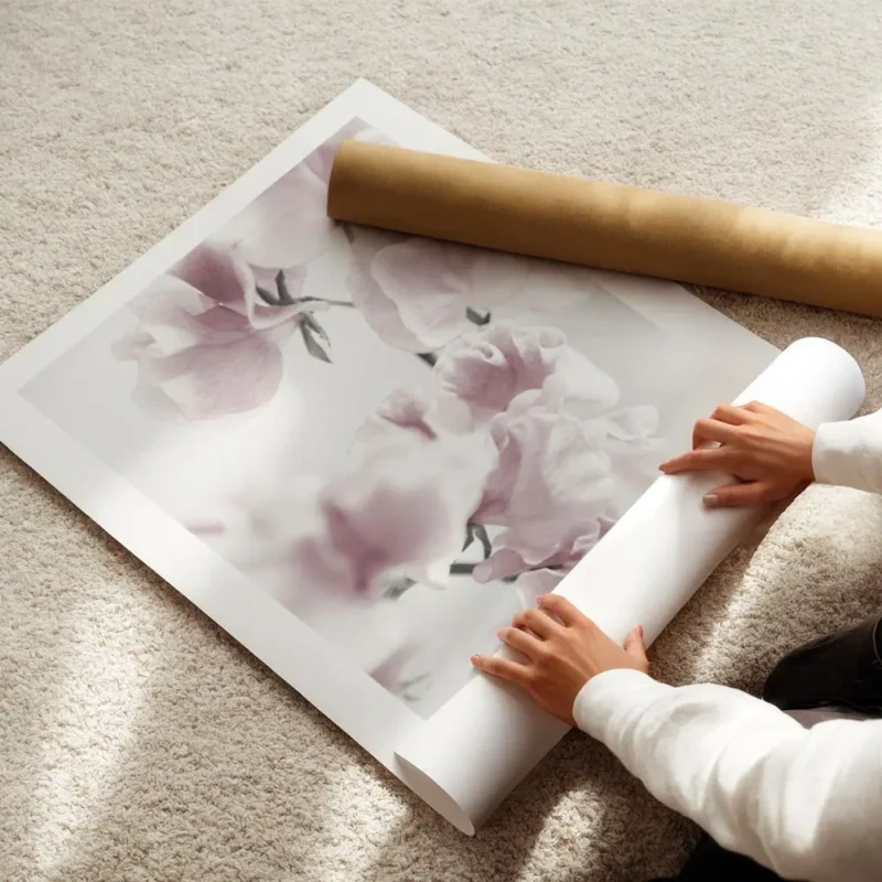 affiche botanique avec une composition de fleurs roses pastel aux petales delica enroule.webp