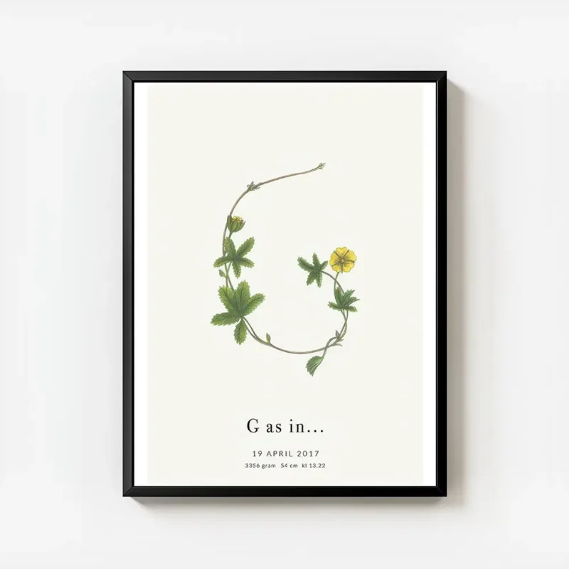 affiche botanique avec une illustration de la lettre g formee par des feuilles v avec cadre.webp