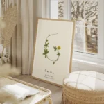 affiche botanique avec une illustration de la lettre g formee par des feuilles v salon beige.webp