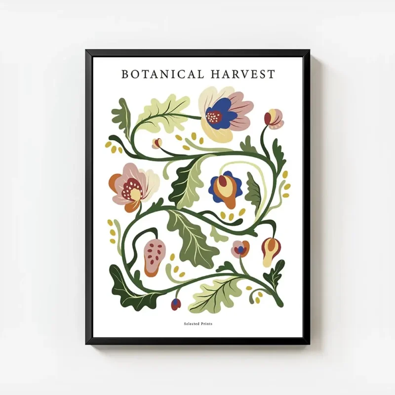 affiche botanique avec une illustration de motifs floraux multicolores et de typ avec cadre.webp