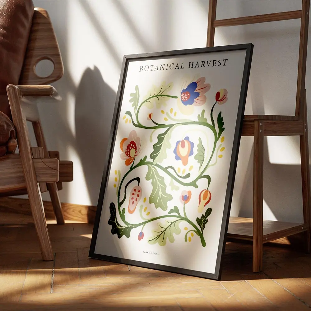 affiche botanique avec une illustration de motifs floraux multicolores et de typ encadre.webp